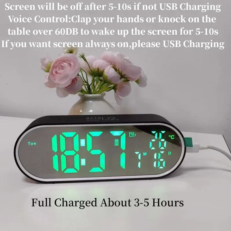Smart LED Alarm Clock – Voice Control, Temperature, Date & Week Display with Dual Alarms, Night Mode & Snooze